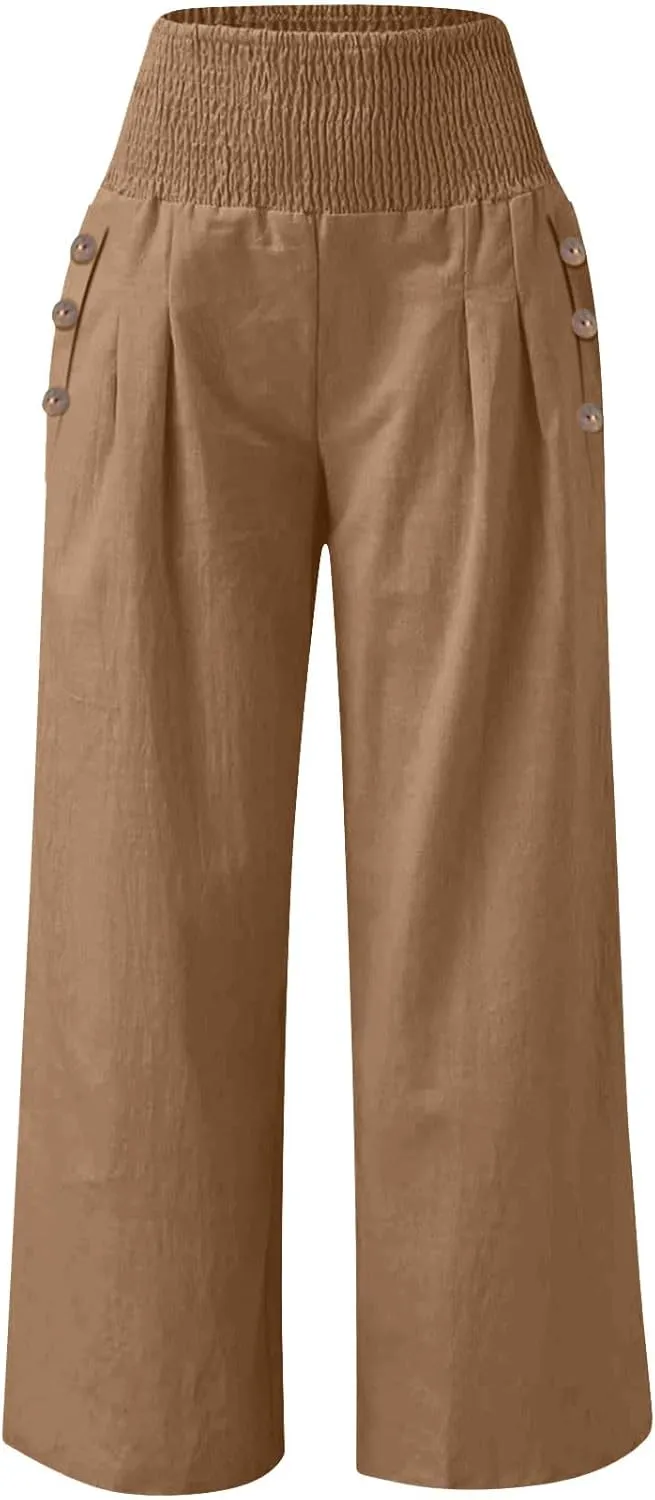 Women High Waisted Cotton Linen Pants Casual Loose Wide Leg Beach Pants Summer Outfits 2024 Trendy