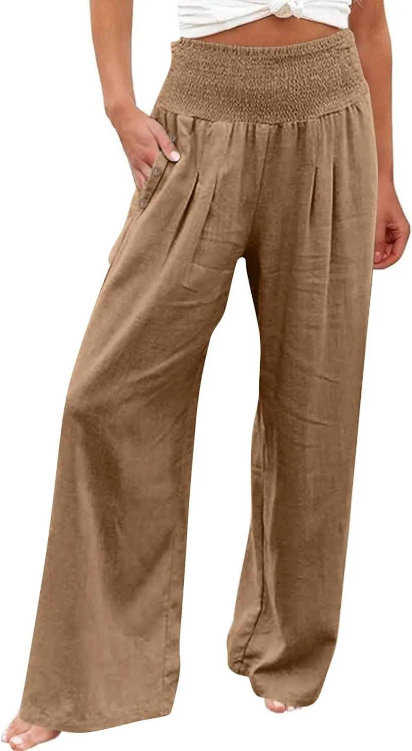 Women High Waisted Cotton Linen Pants Casual Loose Wide Leg Beach Pants Summer Outfits 2024 Trendy