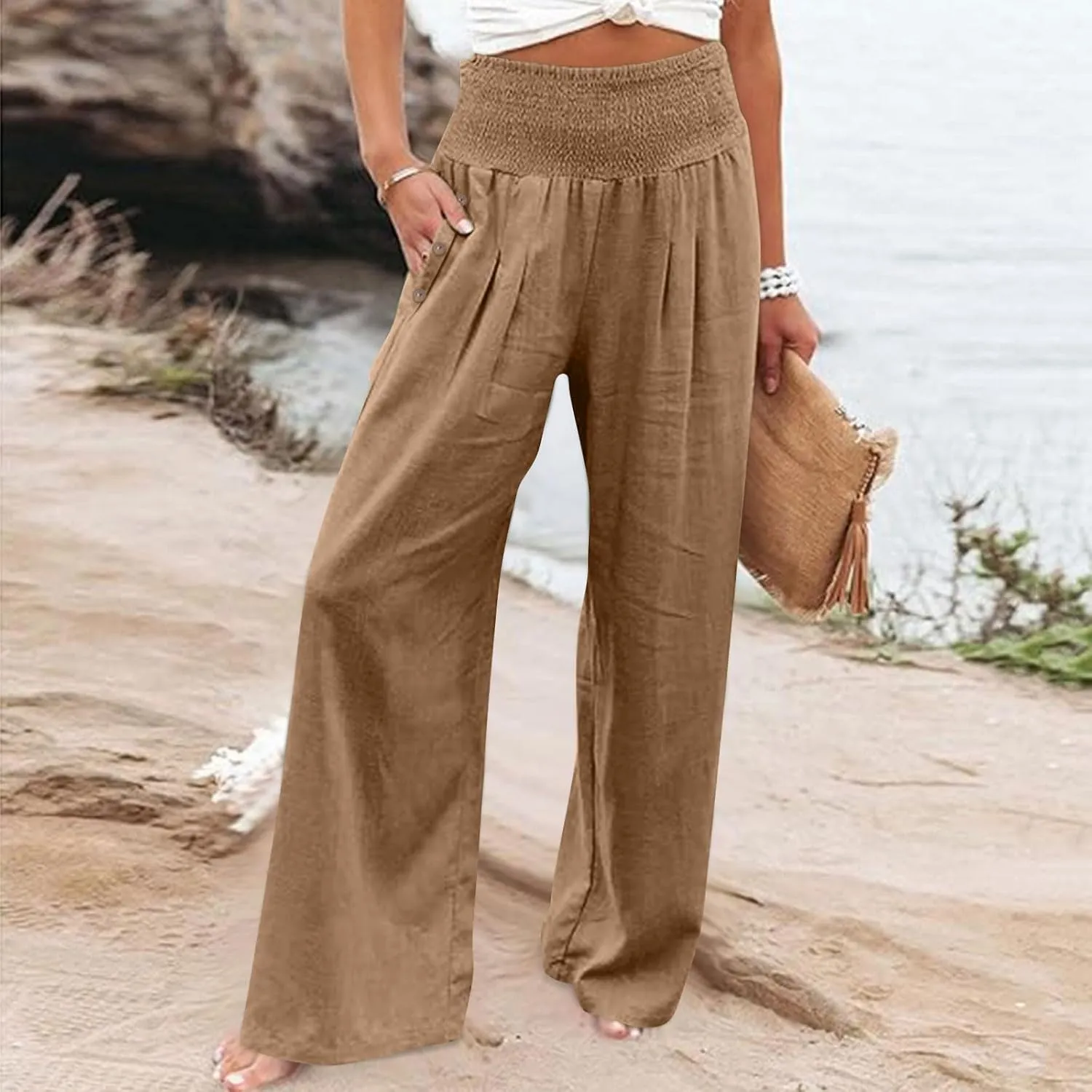 Women High Waisted Cotton Linen Pants Casual Loose Wide Leg Beach Pants Summer Outfits 2024 Trendy