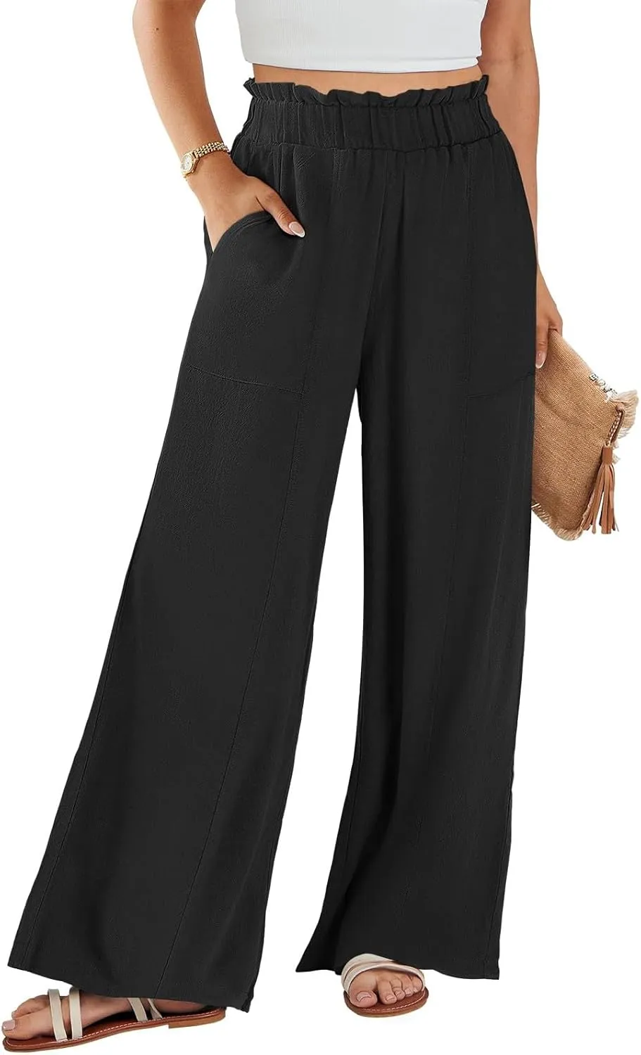 Women High Waisted Cotton Linen Pants Casual Loose Wide Leg Beach Pants Summer Outfits 2024 Trendy