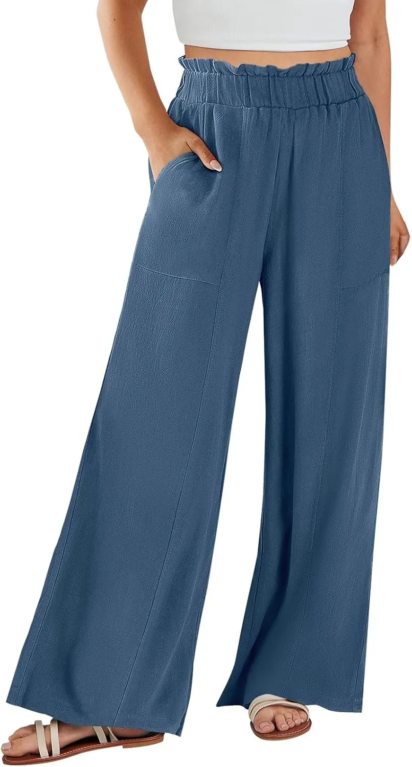 Women High Waisted Cotton Linen Pants Casual Loose Wide Leg Beach Pants Summer Outfits 2024 Trendy