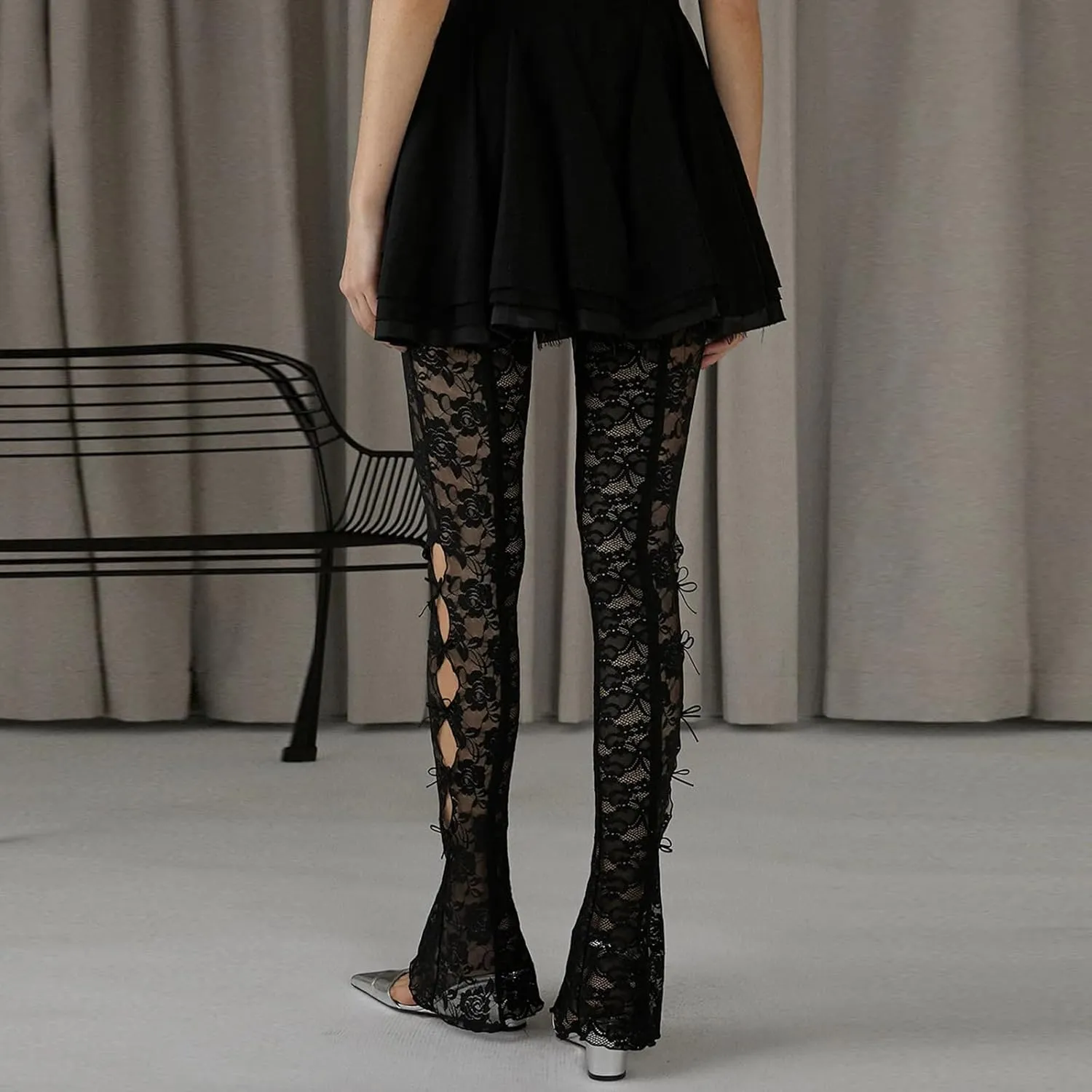 Women Lace Pants High Waist Sexy See Through Lace Sheer Trousers Hollow Cover Up Pants Clubwear