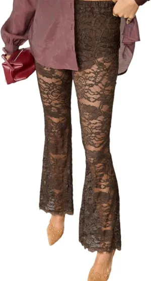 Women Lace Pants High Waist Sexy See Through Lace Sheer Trousers Hollow Cover Up Pants Clubwear