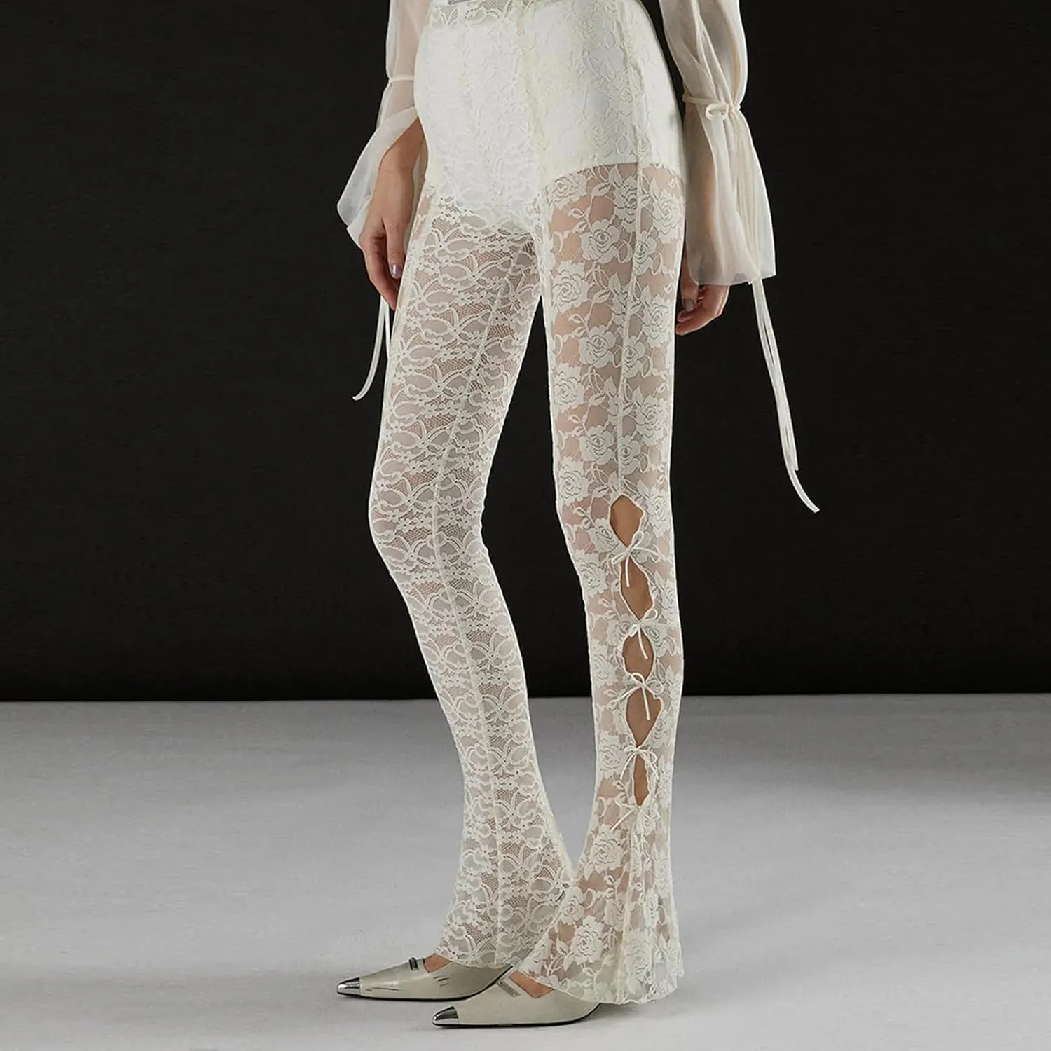 Women Lace Pants High Waist Sexy See Through Lace Sheer Trousers Hollow Cover Up Pants Clubwear