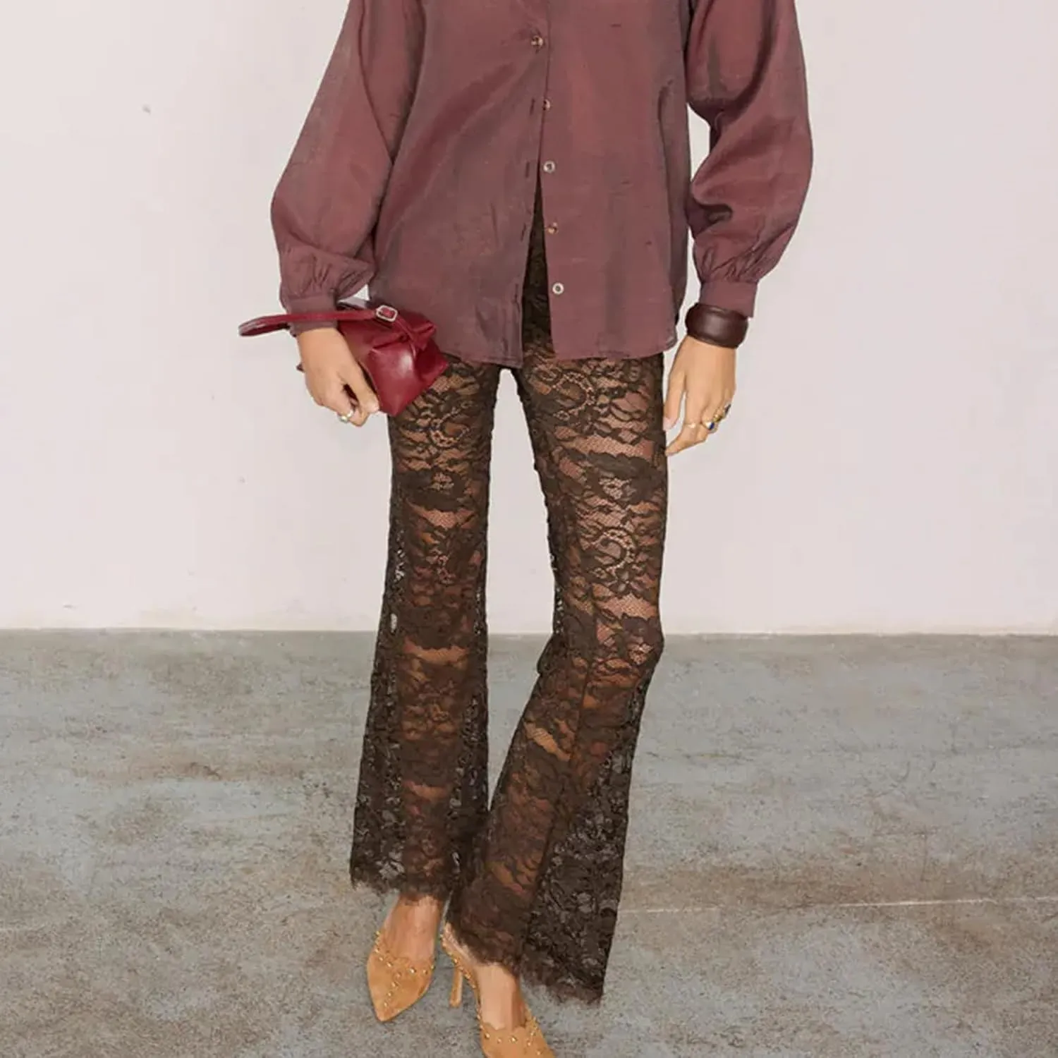 Women Lace Pants High Waist Sexy See Through Lace Sheer Trousers Hollow Cover Up Pants Clubwear