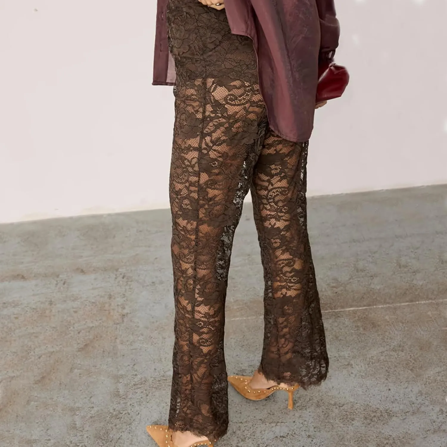 Women Lace Pants High Waist Sexy See Through Lace Sheer Trousers Hollow Cover Up Pants Clubwear