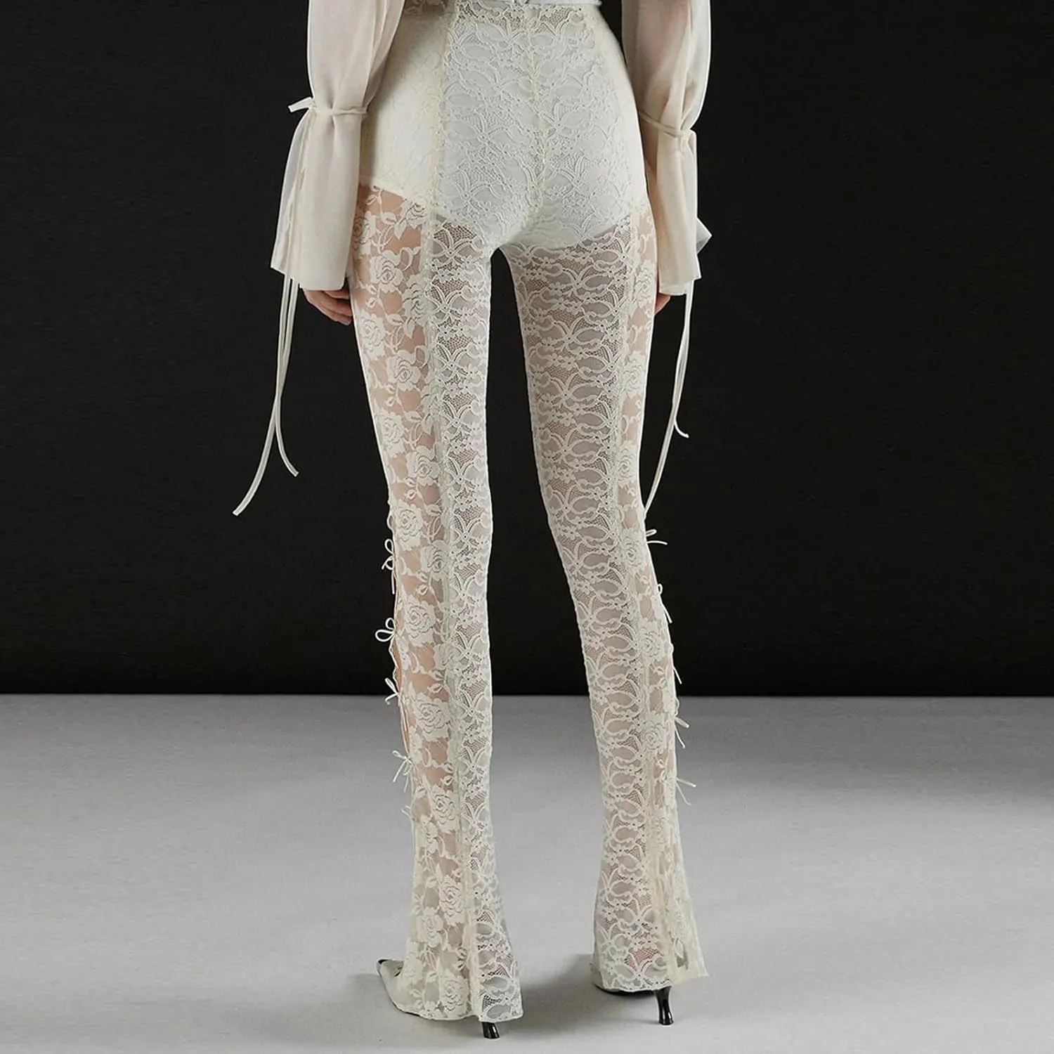 Women Lace Pants High Waist Sexy See Through Lace Sheer Trousers Hollow Cover Up Pants Clubwear