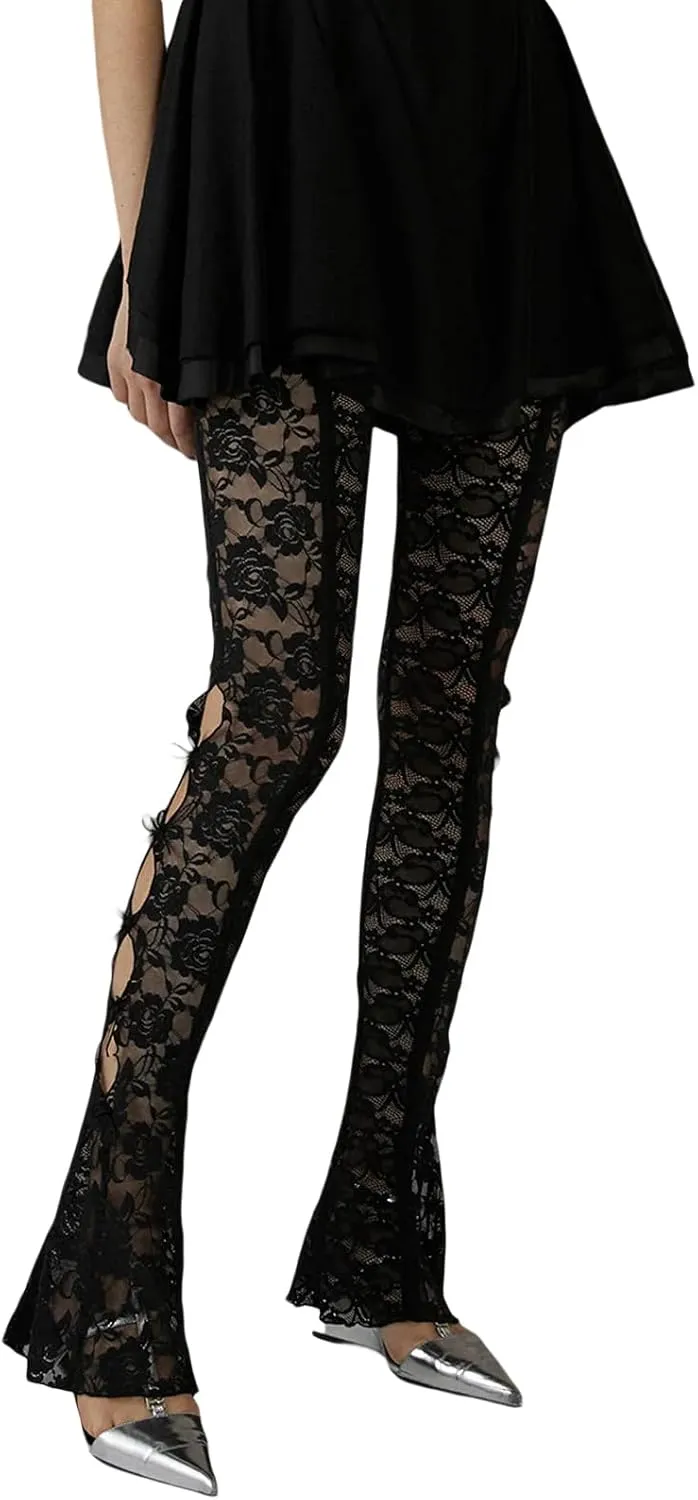 Women Lace Pants High Waist Sexy See Through Lace Sheer Trousers Hollow Cover Up Pants Clubwear