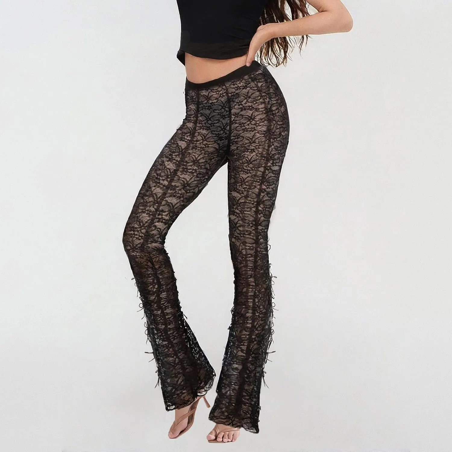 Women Lace Pants High Waist Sexy See Through Lace Sheer Trousers Hollow Cover Up Pants Clubwear