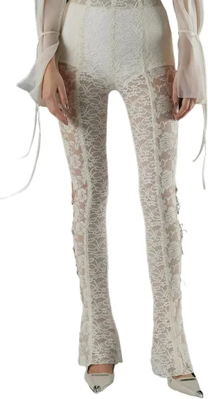 Women Lace Pants High Waist Sexy See Through Lace Sheer Trousers Hollow Cover Up Pants Clubwear