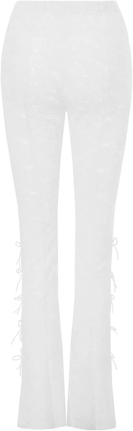 Women Lace Pants High Waist Sexy See Through Lace Sheer Trousers Hollow Cover Up Pants Clubwear
