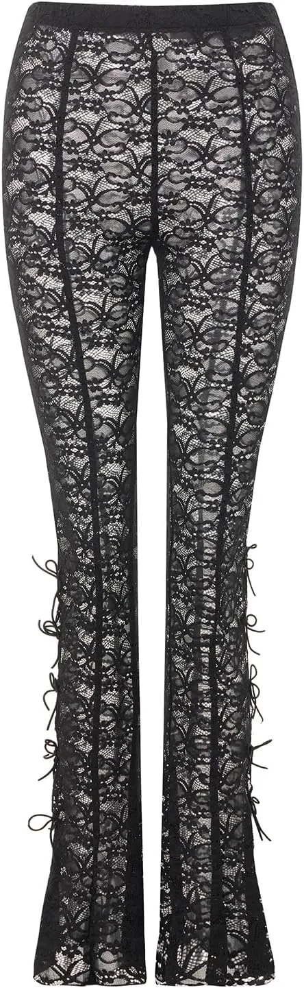 Women Lace Pants High Waist Sexy See Through Lace Sheer Trousers Hollow Cover Up Pants Clubwear