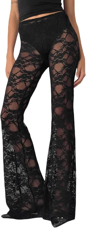 Women Lace Pants High Waist Sexy See Through Lace Sheer Trousers Hollow Cover Up Pants Clubwear