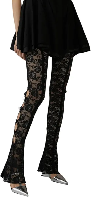 Women Lace Pants High Waist Sexy See Through Lace Sheer Trousers Hollow Cover Up Pants Clubwear