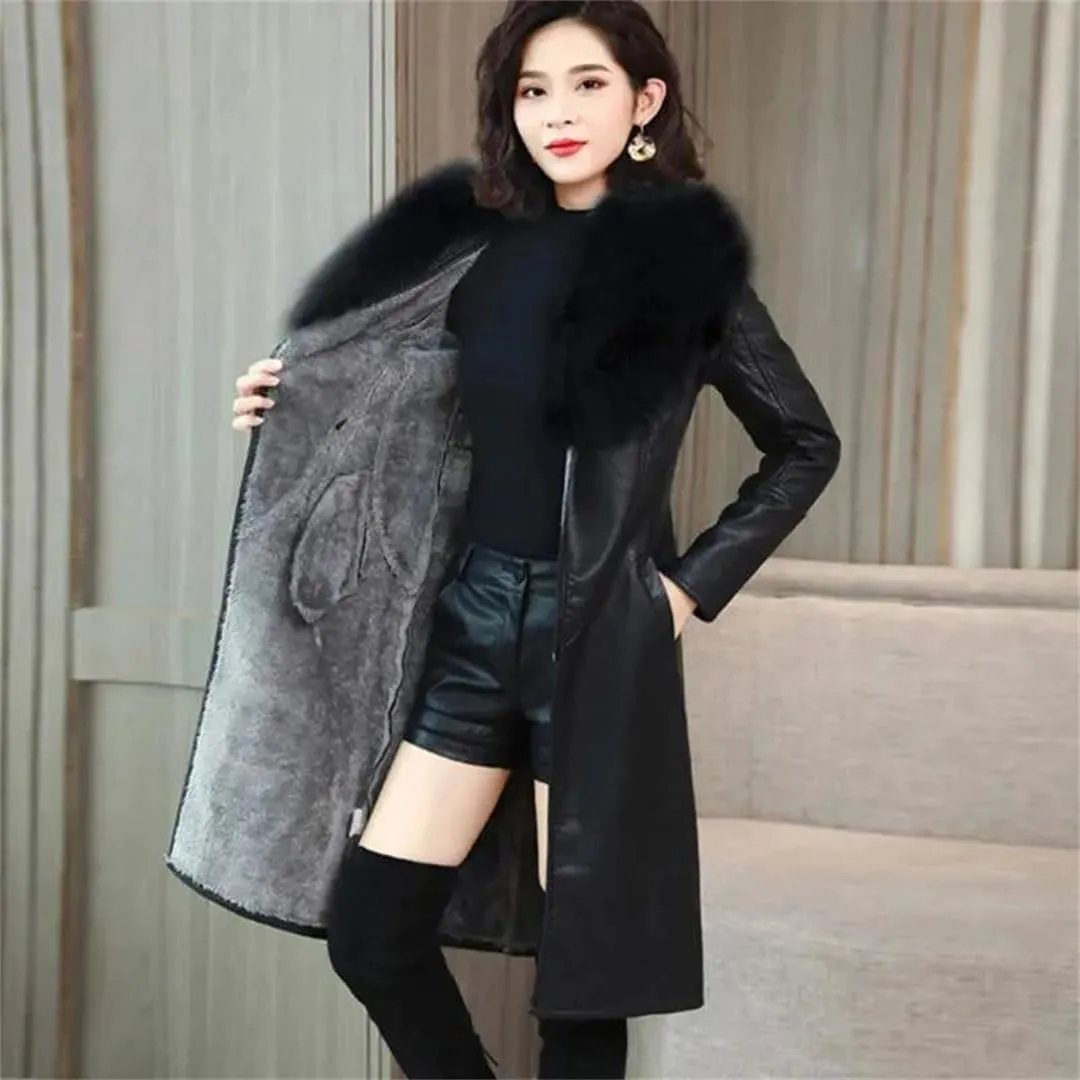 Women Leather Cotton Padded Parkas Long Thicked Warm Add fleece Leather Jacket Coat