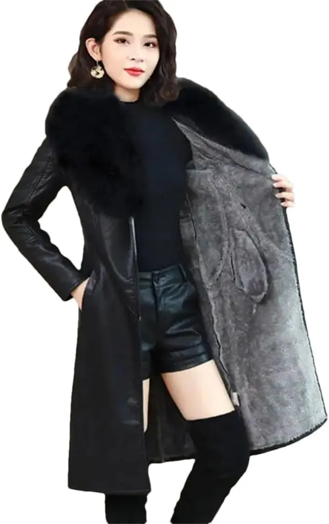 Women Leather Cotton Padded Parkas Long Thicked Warm Add fleece Leather Jacket Coat