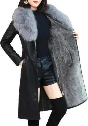 Women Leather Cotton Padded Parkas Long Thicked Warm Add fleece Leather Jacket Coat
