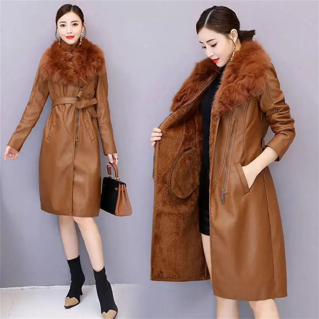 Women Leather Cotton Padded Parkas Long Thicked Warm Add fleece Leather Jacket Coat