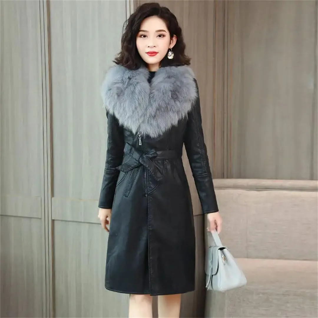 Women Leather Cotton Padded Parkas Long Thicked Warm Add fleece Leather Jacket Coat