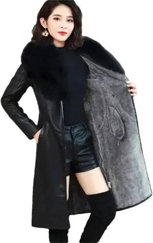 Women Leather Cotton Padded Parkas Long Thicked Warm Add fleece Leather Jacket Coat