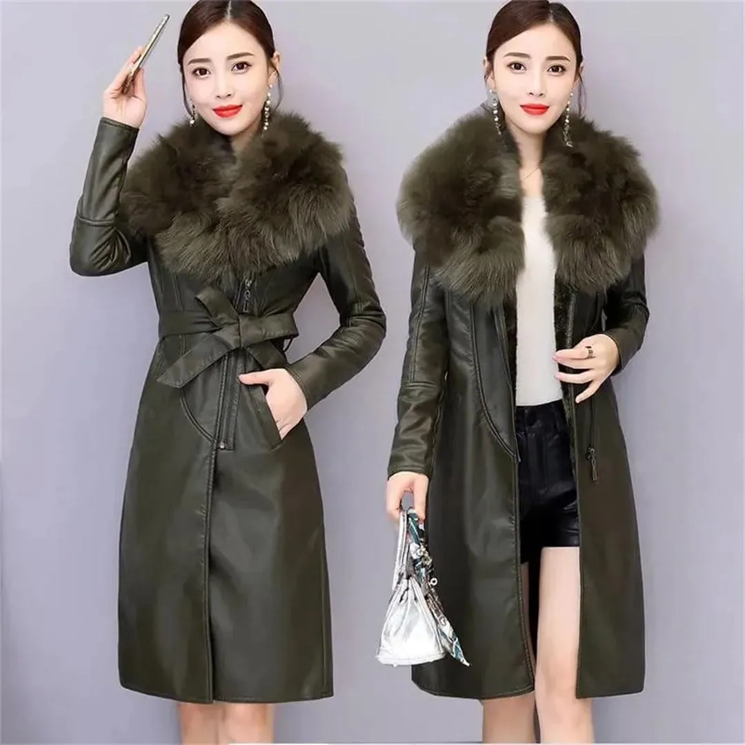 Women Leather Cotton Padded Parkas Long Thicked Warm Add fleece Leather Jacket Coat