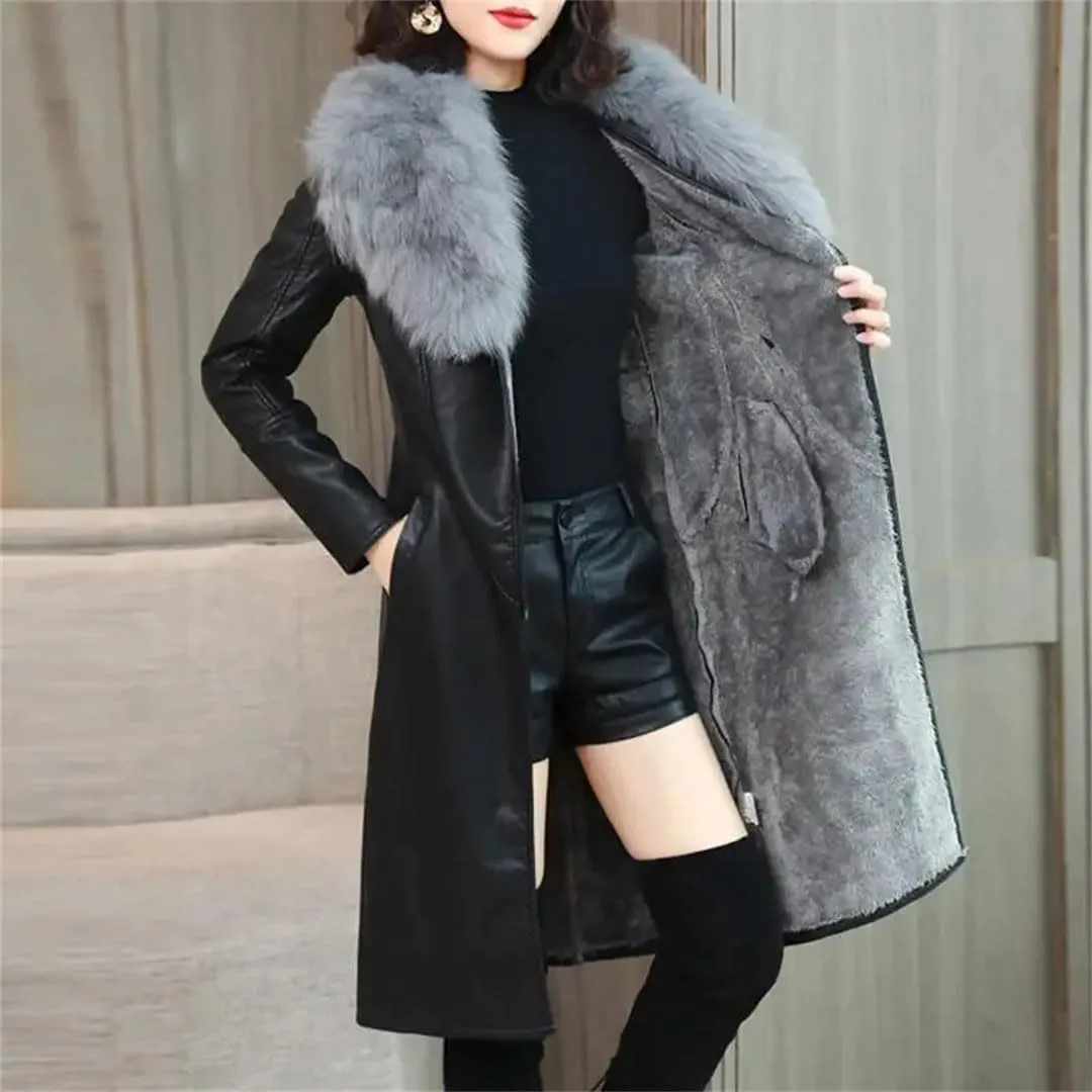 Women Leather Cotton Padded Parkas Long Thicked Warm Add fleece Leather Jacket Coat
