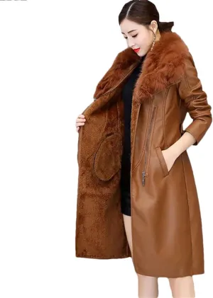 Women Leather Cotton Padded Parkas Long Thicked Warm Add fleece Leather Jacket Coat