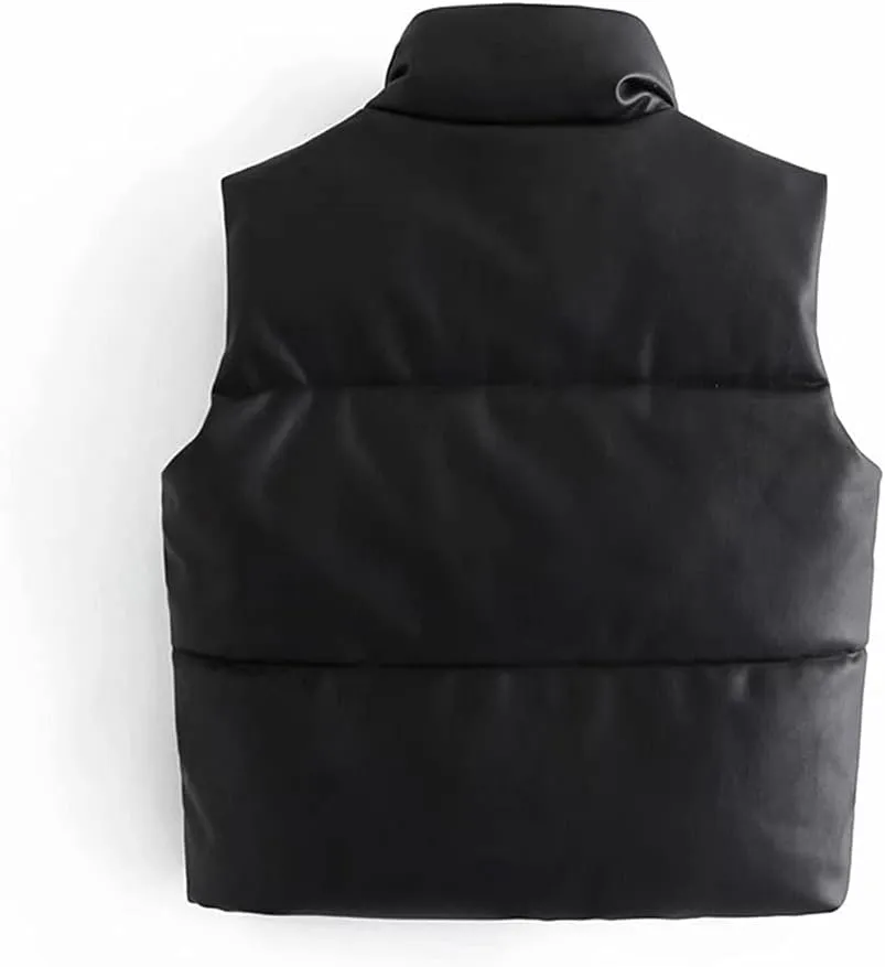 Women Leather Cotton Pocket Padded Waistcoat Vintage Sleeveless Female Outerwear Streetwear