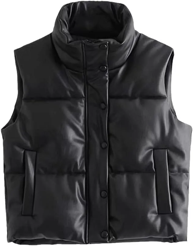 Women Leather Cotton Pocket Padded Waistcoat Vintage Sleeveless Female Outerwear Streetwear