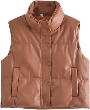 Women Leather Cotton Pocket Padded Waistcoat Vintage Sleeveless Female Outerwear Streetwear