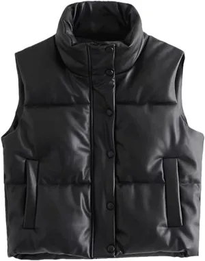 Women Leather Cotton Pocket Padded Waistcoat Vintage Sleeveless Female Outerwear Streetwear