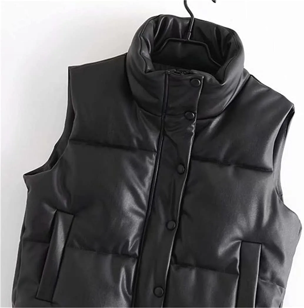 Women Leather Cotton Pocket Padded Waistcoat Vintage Sleeveless Female Outerwear Streetwear