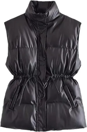 Women Leather Cotton Pocket Padded Waistcoat Vintage Sleeveless Female Outerwear Streetwear