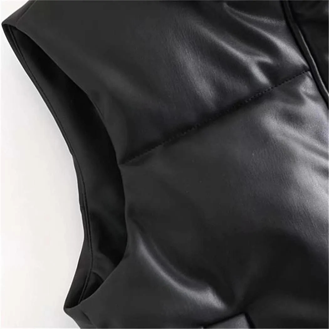 Women Leather Cotton Pocket Padded Waistcoat Vintage Sleeveless Female Outerwear Streetwear