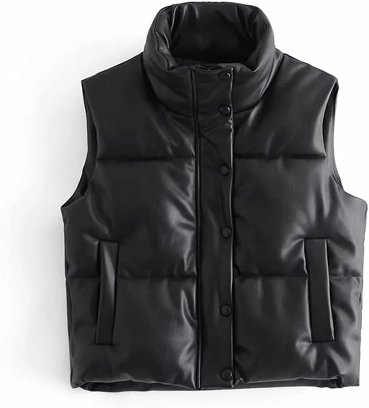 Women Leather Cotton Pocket Padded Waistcoat Vintage Sleeveless Female Outerwear Streetwear