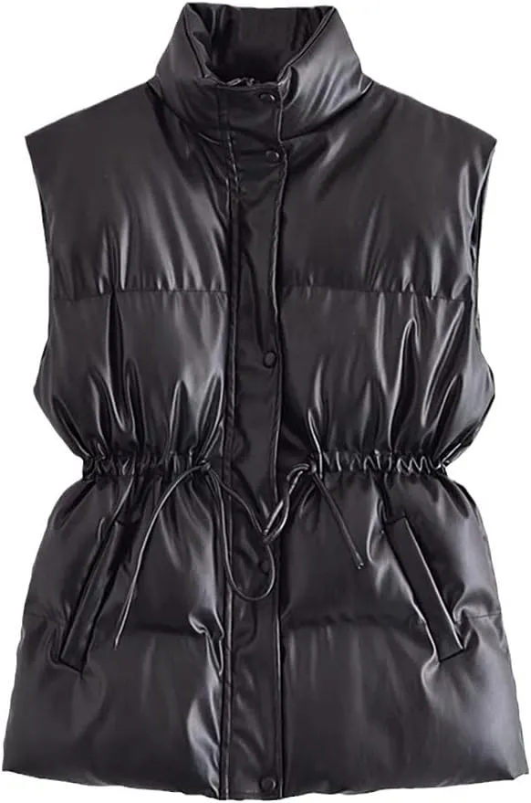 Women Leather Cotton Pocket Padded Waistcoat Vintage Sleeveless Female Outerwear Streetwear
