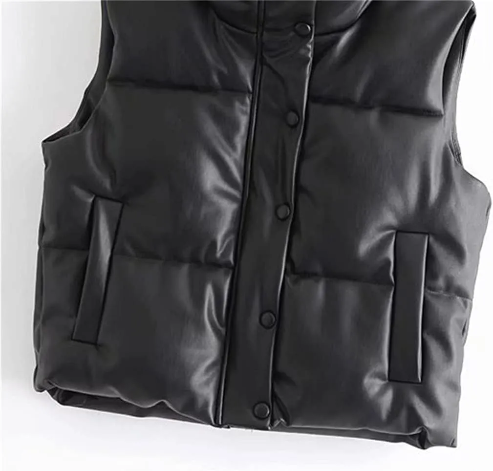 Women Leather Cotton Pocket Padded Waistcoat Vintage Sleeveless Female Outerwear Streetwear