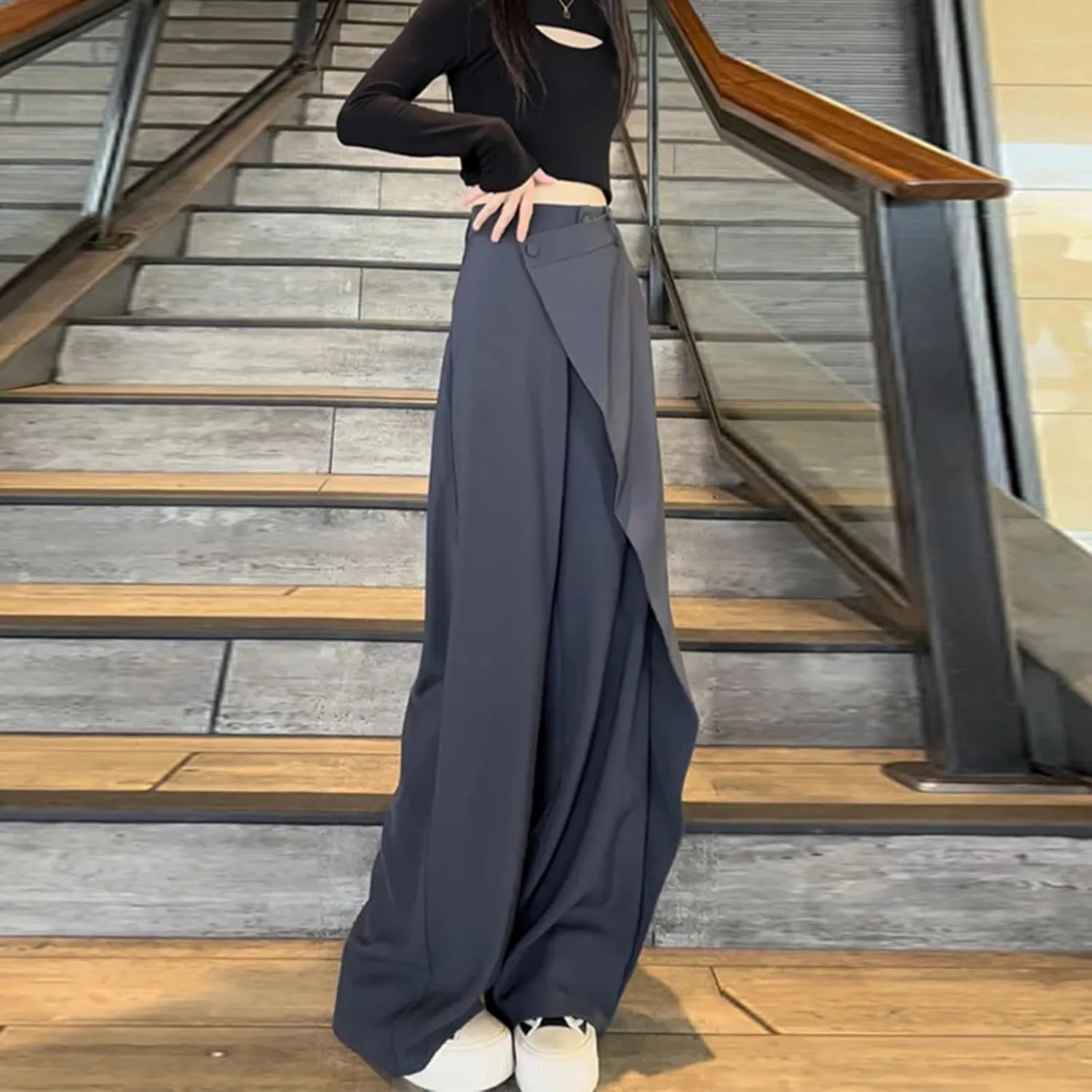Women Pants High Waisted Wide Leg Pants Irregular Patchwork Casual Black Full Length Solid Straight Trousers