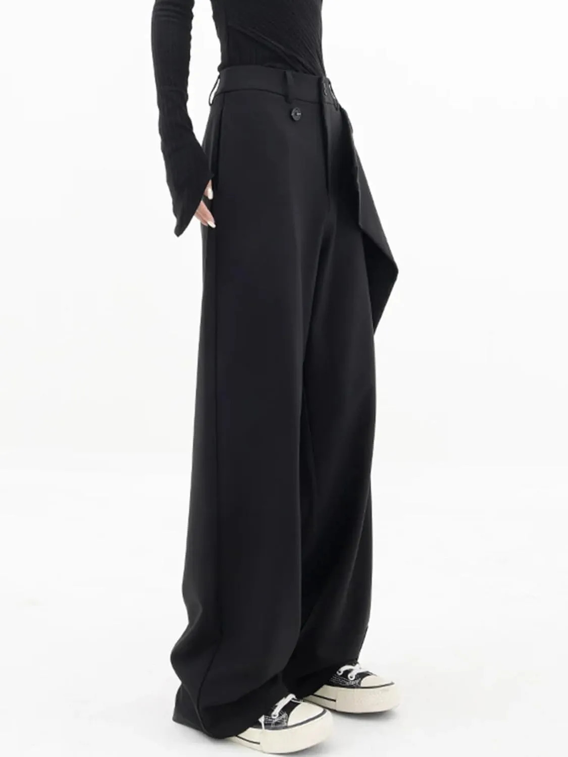 Women Pants High Waisted Wide Leg Pants Irregular Patchwork Casual Black Full Length Solid Straight Trousers