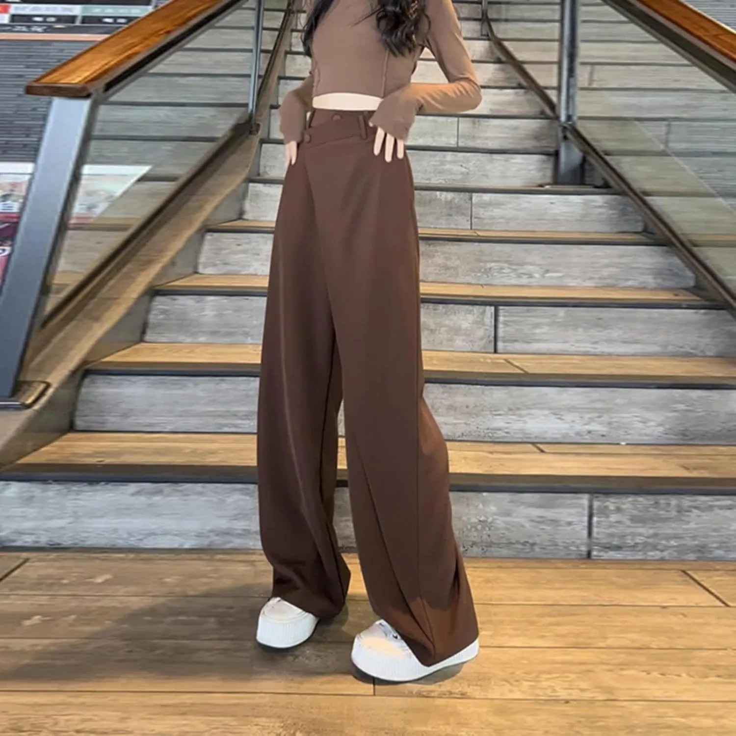 Women Pants High Waisted Wide Leg Pants Irregular Patchwork Casual Black Full Length Solid Straight Trousers