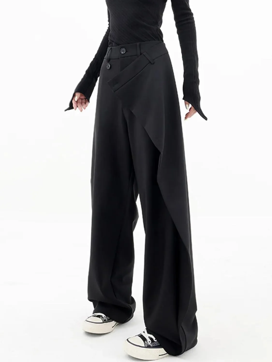 Women Pants High Waisted Wide Leg Pants Irregular Patchwork Casual Black Full Length Solid Straight Trousers