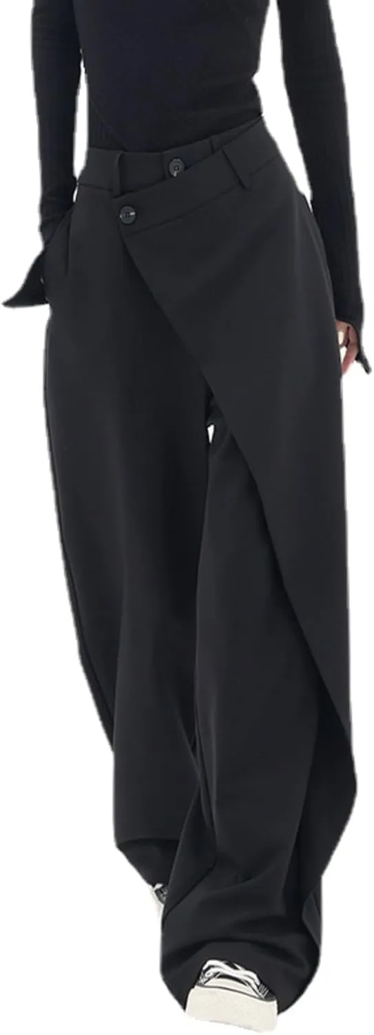 Women Pants High Waisted Wide Leg Pants Irregular Patchwork Casual Black Full Length Solid Straight Trousers