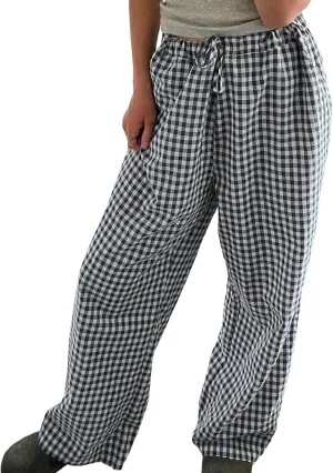 Women Plaid Striped Pants Elastic Waist Wide Leg Gingham Plaid Print Pajama Pants Casual Lounge Trousers
