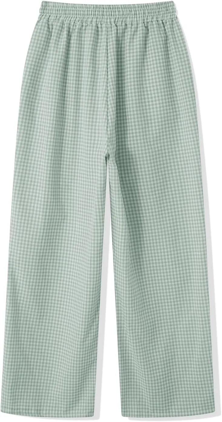 Women Plaid Striped Pants Elastic Waist Wide Leg Gingham Plaid Print Pajama Pants Casual Lounge Trousers