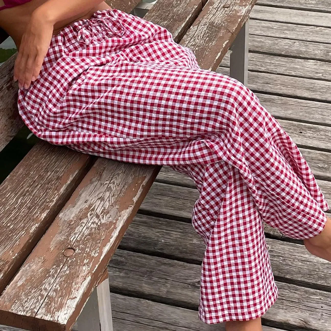 Women Plaid Striped Pants Elastic Waist Wide Leg Gingham Plaid Print Pajama Pants Casual Lounge Trousers