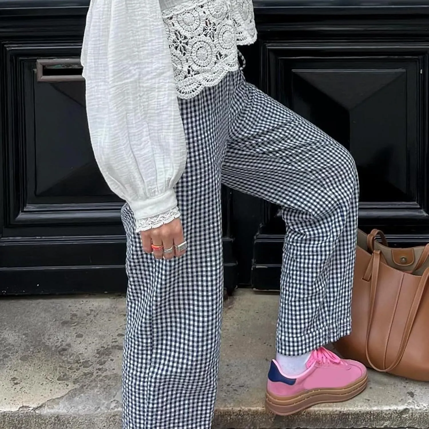 Women Plaid Striped Pants Elastic Waist Wide Leg Gingham Plaid Print Pajama Pants Casual Lounge Trousers