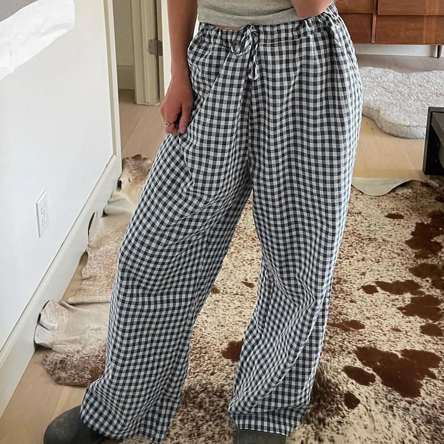Women Plaid Striped Pants Elastic Waist Wide Leg Gingham Plaid Print Pajama Pants Casual Lounge Trousers