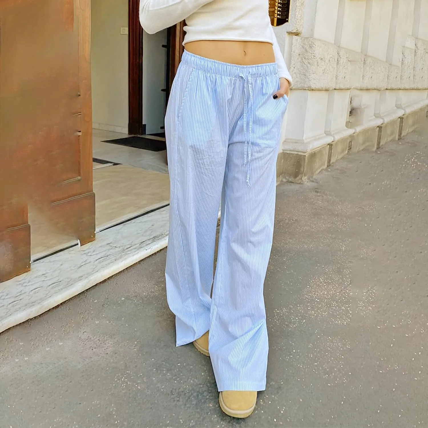 Women Plaid Striped Pants Elastic Waist Wide Leg Gingham Plaid Print Pajama Pants Casual Lounge Trousers