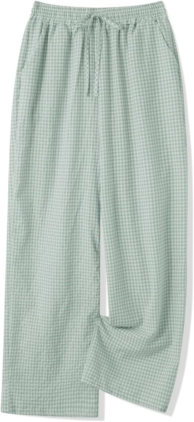 Women Plaid Striped Pants Elastic Waist Wide Leg Gingham Plaid Print Pajama Pants Casual Lounge Trousers
