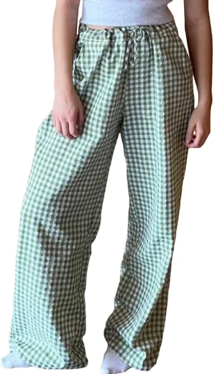 Women Plaid Striped Pants Elastic Waist Wide Leg Gingham Plaid Print Pajama Pants Casual Lounge Trousers
